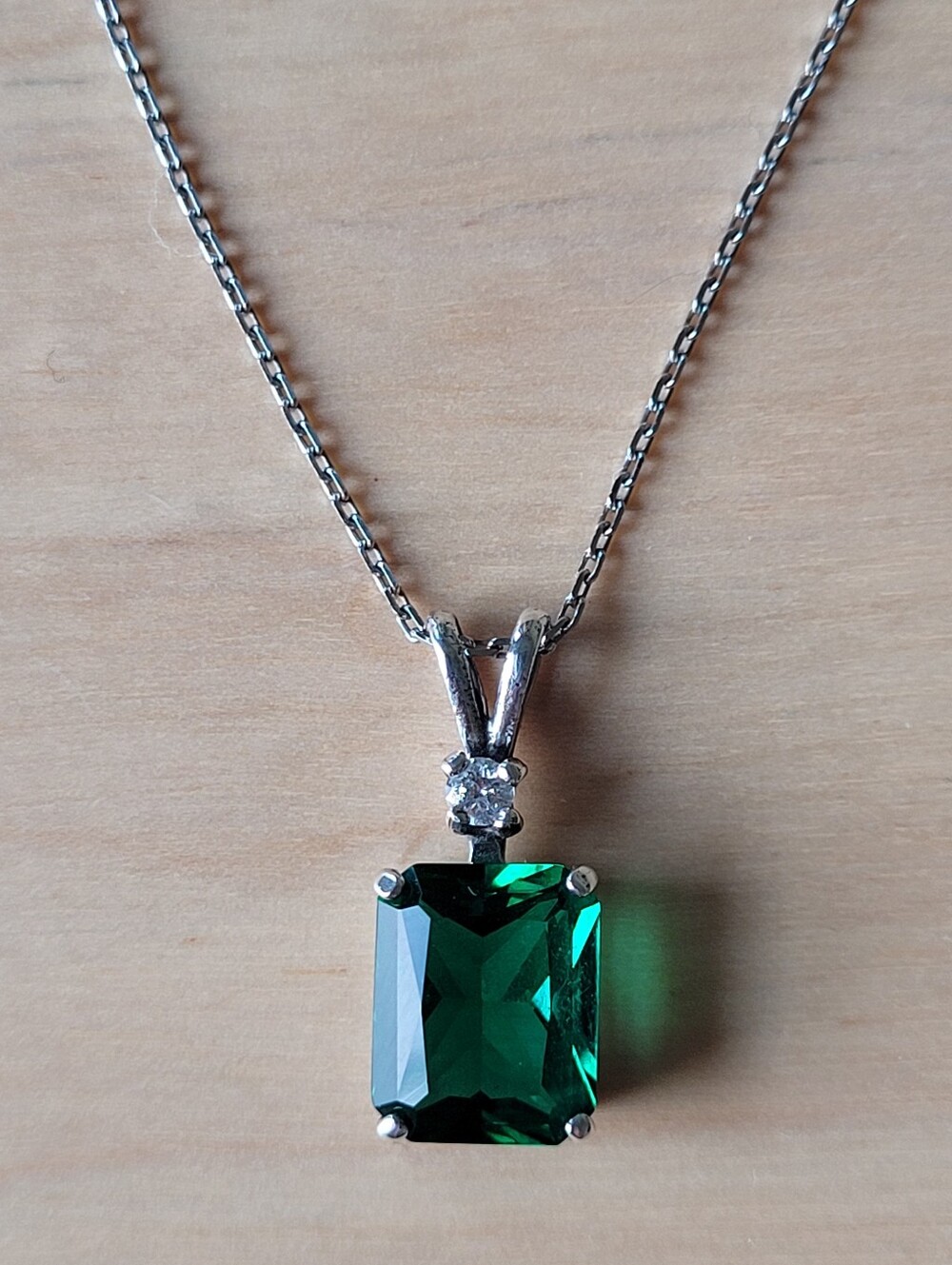 Emerald Cut Emerald Obsidianite w/ CZ Sterling Silver Pendant w/ Chain